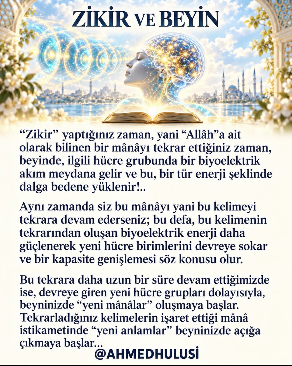 AylinERK's tweet photo. Sayın @drkaanyl🌹

Görselde gösterilerek açıklanan bu mekanizmayı, aslında 
Dünya’da ilk defa olarak, @AhmedHulusi, 1986 yılında “İNSAN VE SIRLARI” isimli kitabında >> “Zikir” denen olayın beyinde hücreler arasında belli bir elektrik faaliyeti meydana getirdiğini, bu kelime tekrarından hücreler arasındaki elektriksel faaliyetin arttığını; bunun frekansının âtıl duran diğer hücrelere “transmitter”lar aracılığıyla iletilerek bu âtıl duran hücrelerin o gelen frekansa programlanarak devreye girdiğini ve böylece de zikrin beyindeki kapasiteyi arttırdığını yazmıştır.
1986 yılında O bunu yazdıktan sonra, bu konudaki ilk bilimsel açıklama, 1993 yılında, Amerika’da, dünyanın bir numaralı bilim dergisi olan “Scientific American”nın Aralık sayısında yer alan bir makalede ele alındı.
Bu makalede, bilim adamı -aynı zamanda söz konusu makalenin yazarı- beyindeki hücrelerin belli kelime tekrarlarıyla devreye girdiğini, kelime tekrarlarının beyinde belli hücreleri devreye sokarak kapasiteyi arttırdığını yazmıştır.

Bu konuda detaylı okumak için:

https://t.co/AyS7lqd8GH

https://t.co/IJ1bkSiUvG

https://t.co/siQ96GITt2