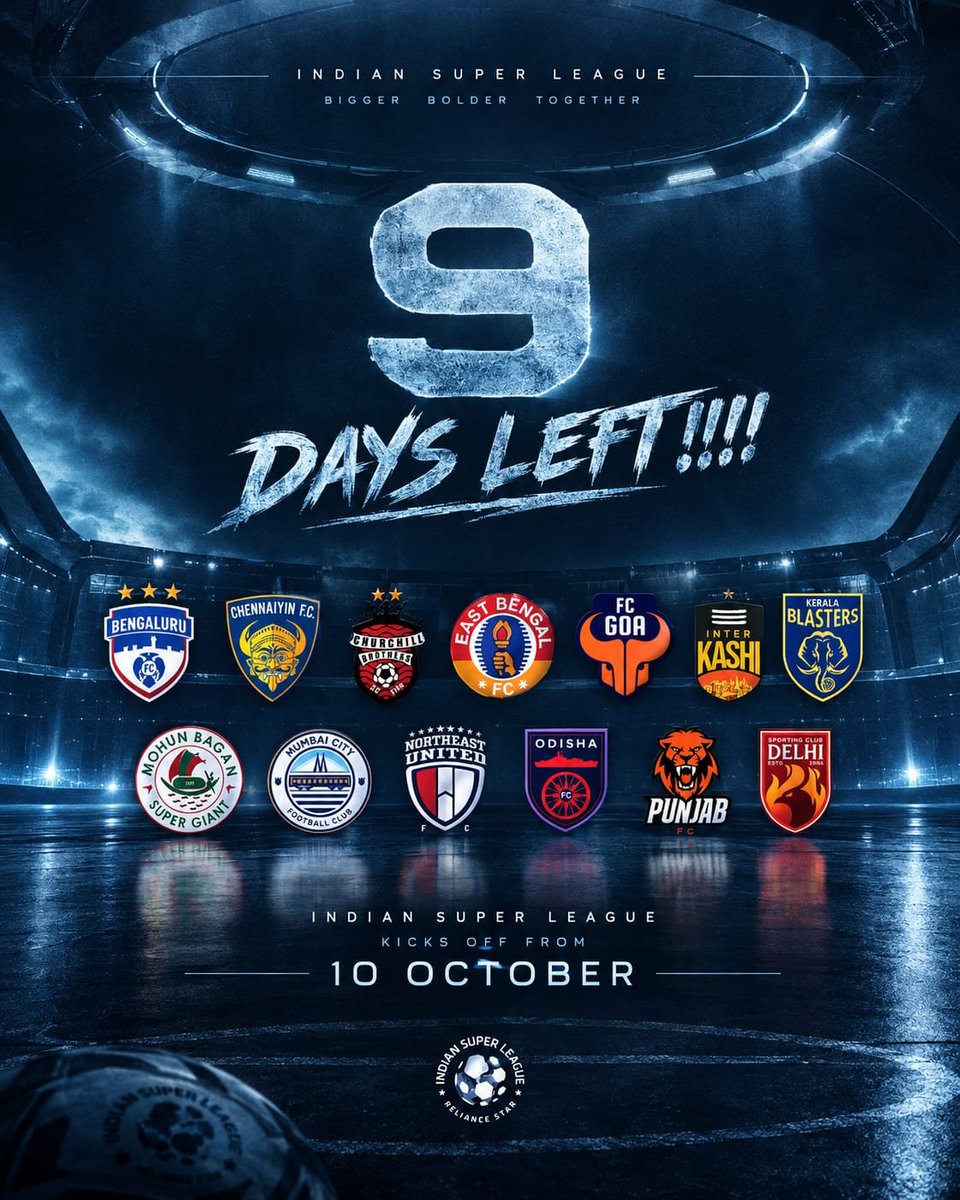 FootyNUVA's tweet photo. 9 DAYS TO GO! ๐๏ธโฝ
The wait is almost over. The traditional home-and-away battles return, the stadiums are ready to roar, and a brand new era of Indian football begins! ๐ฎ๐ณ๐ฅ
Drop your team's emojis below ๐
#MGISL13 #ISL #IndianFootball #LetsFootball https://t.co/g3akanfrJp