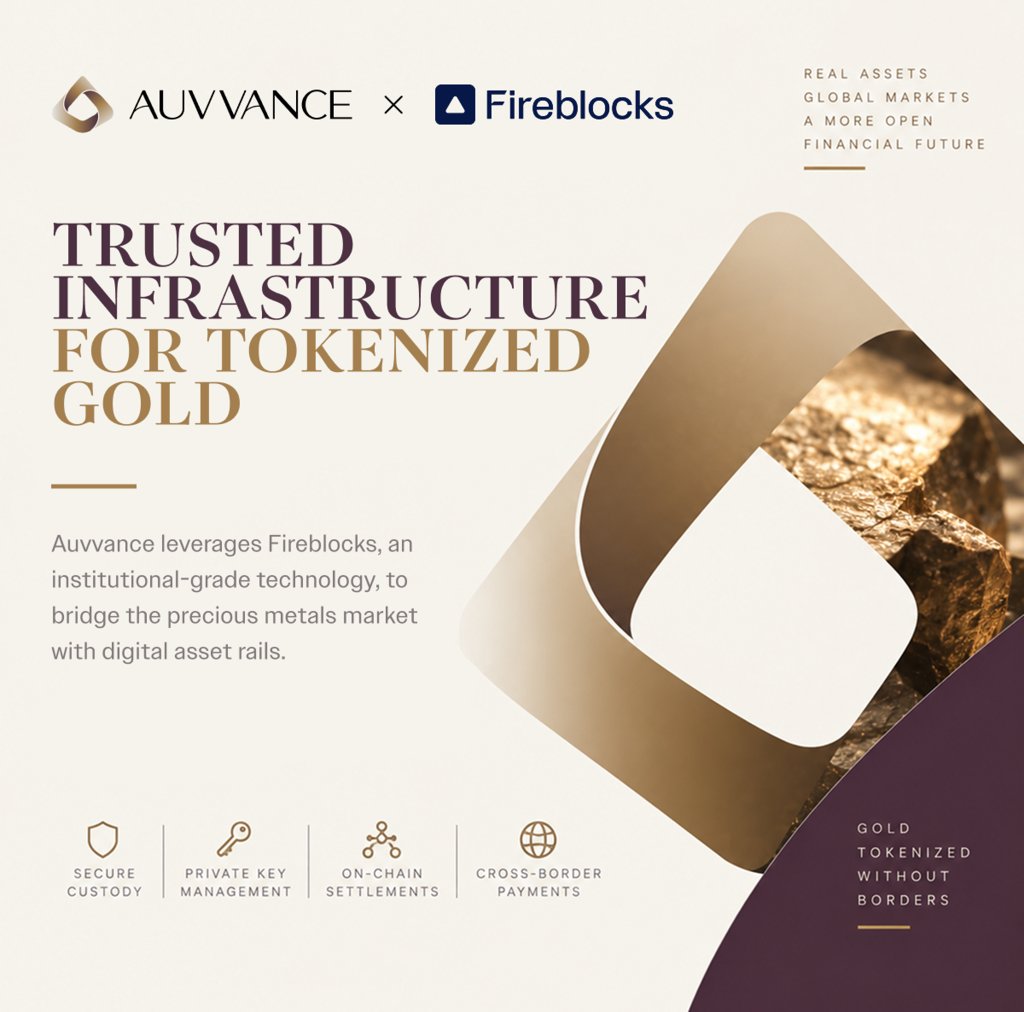 Auvvance's tweet photo. Auvvance leverages @FireblocksHQ  to bring secure custody, private key management and on-chain settlement to the next generation of gold markets. 
Forged by insiders who earned their authority on the physical desk, not by outsiders tokenizing from a distance.
https://t.co/s2DM5HdtCc
