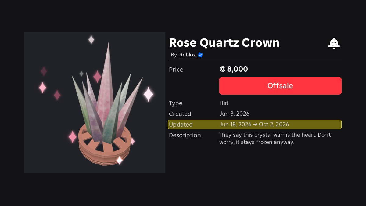 MrNotifier's tweet photo. 🛠️ Item Updated - Rose Quartz Crown

🆔 92137983874490
💵 Price: 8,000 / Offsale

⚙️ Values Changed:
- Last Updated
https://t.co/mD2RfADTUv https://t.co/VpHYavQBYi