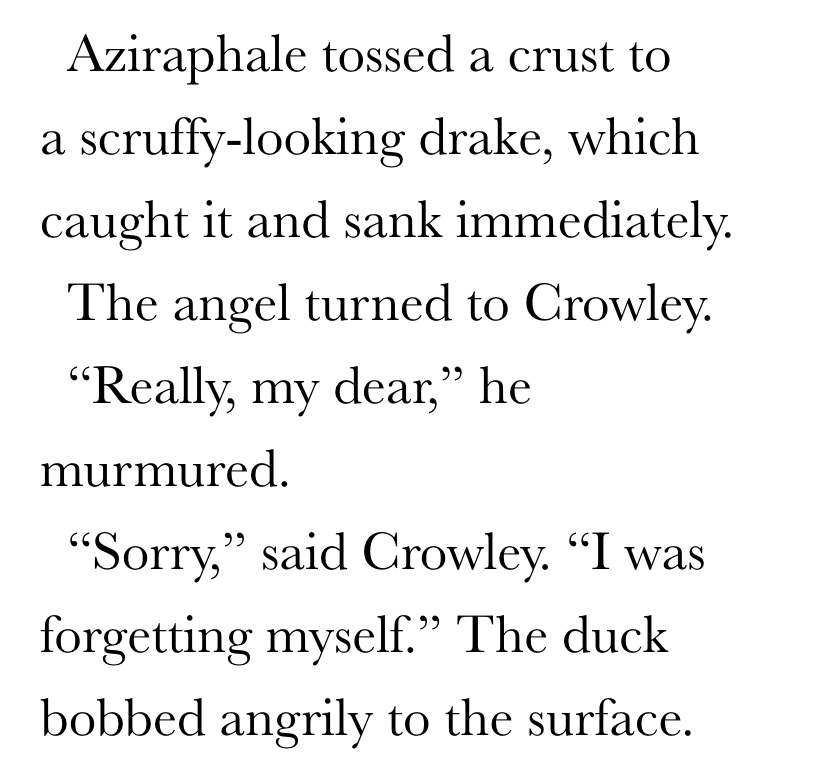 BerylStapleton's tweet photo. @matcchao @meiziell @brknlamb3 That basically happens in the book too, and Crowley brings the duck back. https://t.co/fpOMRzf2yX