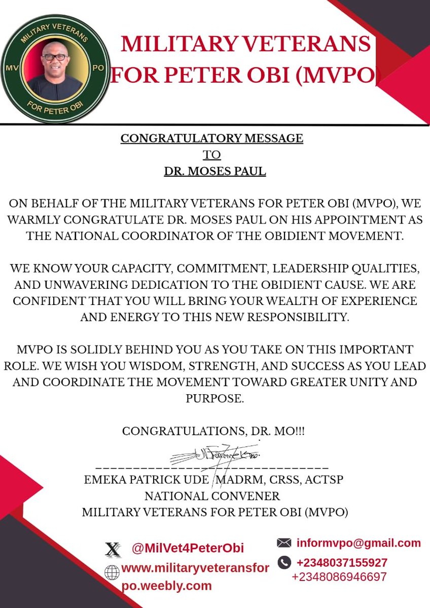 MilVet4PeterObi's tweet photo. Congratulations to you, sir @Drmopaul
#MVPOforNewNigeria
#VeteransLovesPO https://t.co/nXxGtCm6x7