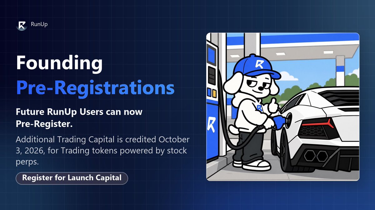 Runeupcoresyst's tweet photo. @runupdotfun RunUp’s Founding Pre Registration period has started.

New users can register in advance for additional trading capital to trade tokens backed by stock perps. The credit date is October 3, 2026.

Check the launch capital details ↓
https://t.co/CmHcUjk2ux https://t.co/3MdkG1zxBy