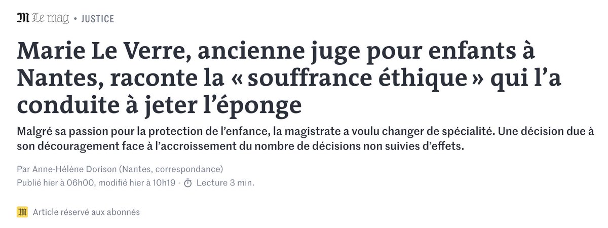 LyesLouffok's tweet photo. 1/3 Après 16 ans comme juge des enfants à Nantes Marie Le Verre a décidé de quitter ses fonctions. Elle évoque une "souffrance éthique" face au nombre de décisions de justice qui ne sont pas exécutées et aux enfants qui continuent à subir alors qu’ils devraient être protégés. https://t.co/XKMlt7r7yh