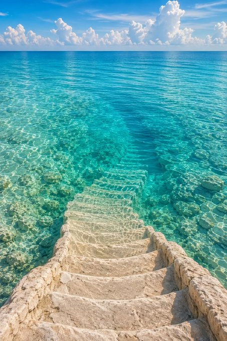 Stone steps descend into crystal-clear turquoise ocean water under a bright blue sky with white clouds.
