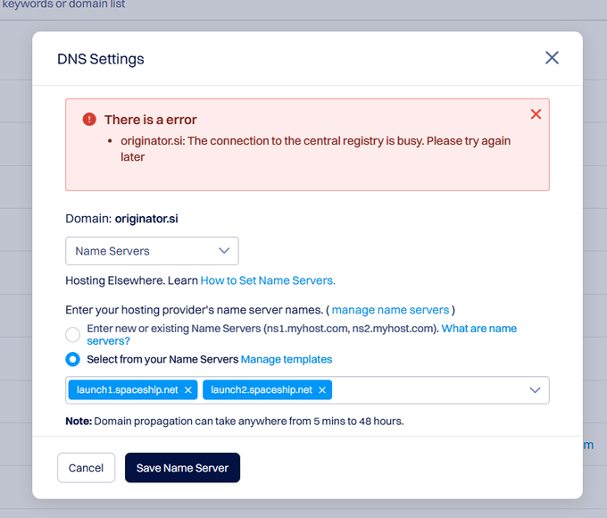 A DNS Settings error dialog for the domain originator.si showing the error message 'The connection to the central registry is busy. Please try again later' while configuring nameservers launch1.spaceship.net and launch2.spaceship.net.