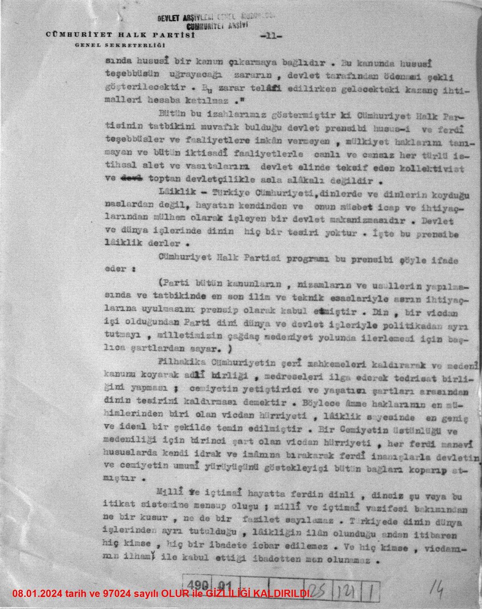 MertEfeKeIes's tweet photo. Belgelerle Gerçekler - 171

Yıl 1937!

Laikliğin İslam'a aykırı olduğunu
Türkiye Cumhuriyeti Devleti'nin
Devlet Arşivleri Başkanlığı'nın
2024 yılında gizliliğini kaldırdığı
belge ile okurlarımıza sunuyoruz:

“Lâiklik - Türkiye Cumhuriyeti, dinlerde ve dinlerin koyduğu naslardan değil, hayatın kendisinden ve onun müsbet icap ve ihtiyaçlarından mülhem olarak işleyen bir devlet mekanizmasıdır. Devlet ve dünya işlerinde dinin hiçbir tesiri yoktur. İşte bu prensibe lâiklik derler.”

Gördüğünüz gibi lâiklik Şeriatın uygulanmasına engel teşkil etmektedir. Bu sebepten dolayı lâiklik bir Müslüman için uyulacak ve savunulacak bir ilke olamaz.

Selam ve dua ile...

Kaynak

Kurum: 490-1-0-0

Yer Bilgisi: 25-121-1