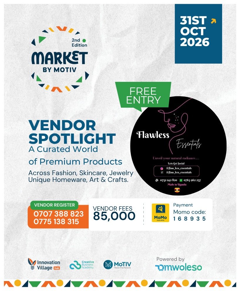 MotivUG's tweet photo. Glow-up guaranteed! ✨

​Stop by the Flawless Essentials booth at Market by MoTIV for all-natural, organic skincare—head to toe! 🧴🧼

​🗓️ October 31st, 2026
📍 MoTIV, Bugolobi 
#MarketByMotiv #motivexperiences https://t.co/07EYzV1FUY