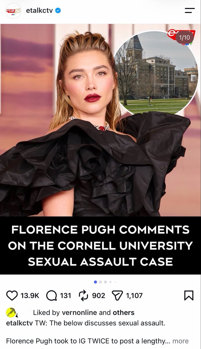 chweposts's tweet photo. Vernon liked this post from etalkctv
about Florence Pugh’s comments on Cornell University SA case https://t.co/xuTbo6EjUv