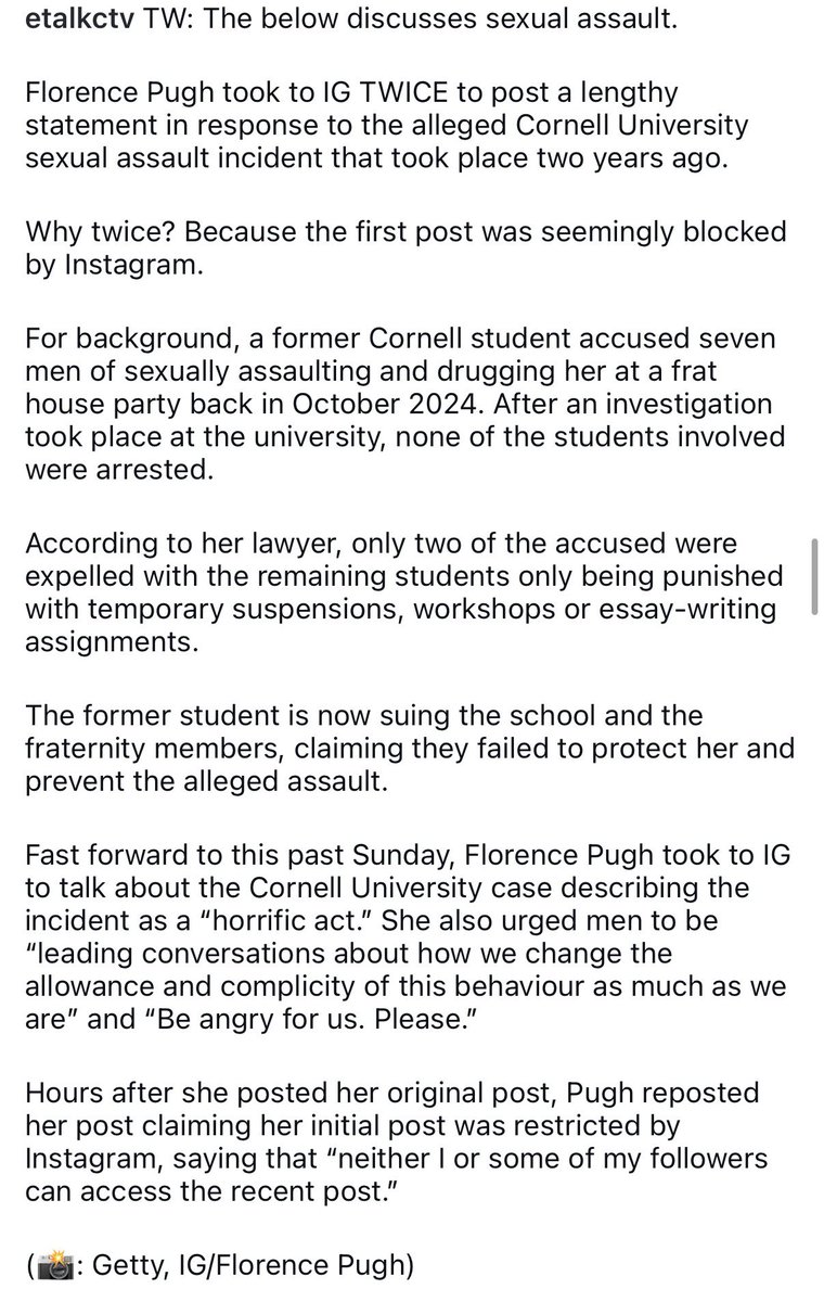 chweposts's tweet photo. Vernon liked this post from etalkctv
about Florence Pugh’s comments on Cornell University SA case https://t.co/xuTbo6EjUv