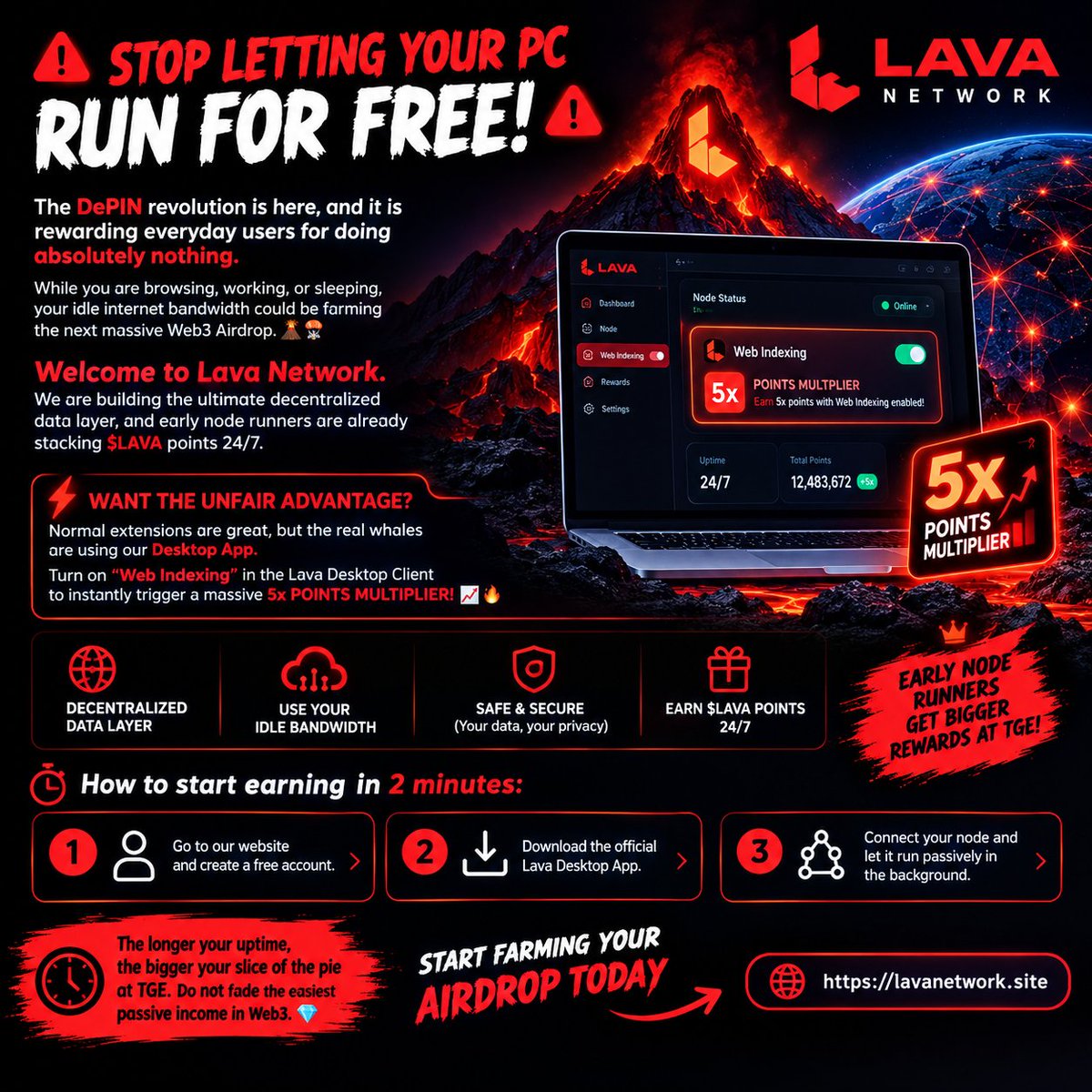 LavaBlockchain_'s tweet photo. 🚨 STOP LETTING YOUR PC RUN FOR FREE! 🚨

The DePIN revolution is here, and it is rewarding everyday users for doing absolutely nothing. While you are browsing, working, or sleeping, your idle internet bandwidth could be farming the next massive Web3 Airdrop. 🌋🪂

Welcome to Lava Network. We are building the ultimate decentralized data layer, and early node runners are already stacking $LAVA points 24/7.

⚡️ Want the unfair advantage?
Normal extensions are great, but the real whales are using our Desktop App.
Turn on "Web Indexing" in the Lava Desktop Client to instantly trigger a massive 5x POINTS MULTIPLIER! 📈🔥

How to start earning in 2 minutes:
1️⃣ Go to our website and create a free account.
2️⃣ Download the official Lava Desktop App.
3️⃣ Connect your node and let it run passively in the background.

The longer your uptime, the bigger your slice of the pie at TGE. Do not fade the easiest passive income in Web3. 💎

Start farming your airdrop today 👇
🔗 https://t.co/vldh2SUNrK