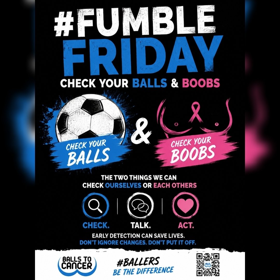 Ballstocancer's tweet photo. Its #FumbleFriday time to check those #balls, #boobs, #moobs n #pecs Cancer has an incredible way of creeping up on you, so arm yourself with this knowledge and check yourself regularly. Don't let cancer win because you "haven't got time" because you miss it you won't have "time" https://t.co/CEPflCUi5i
