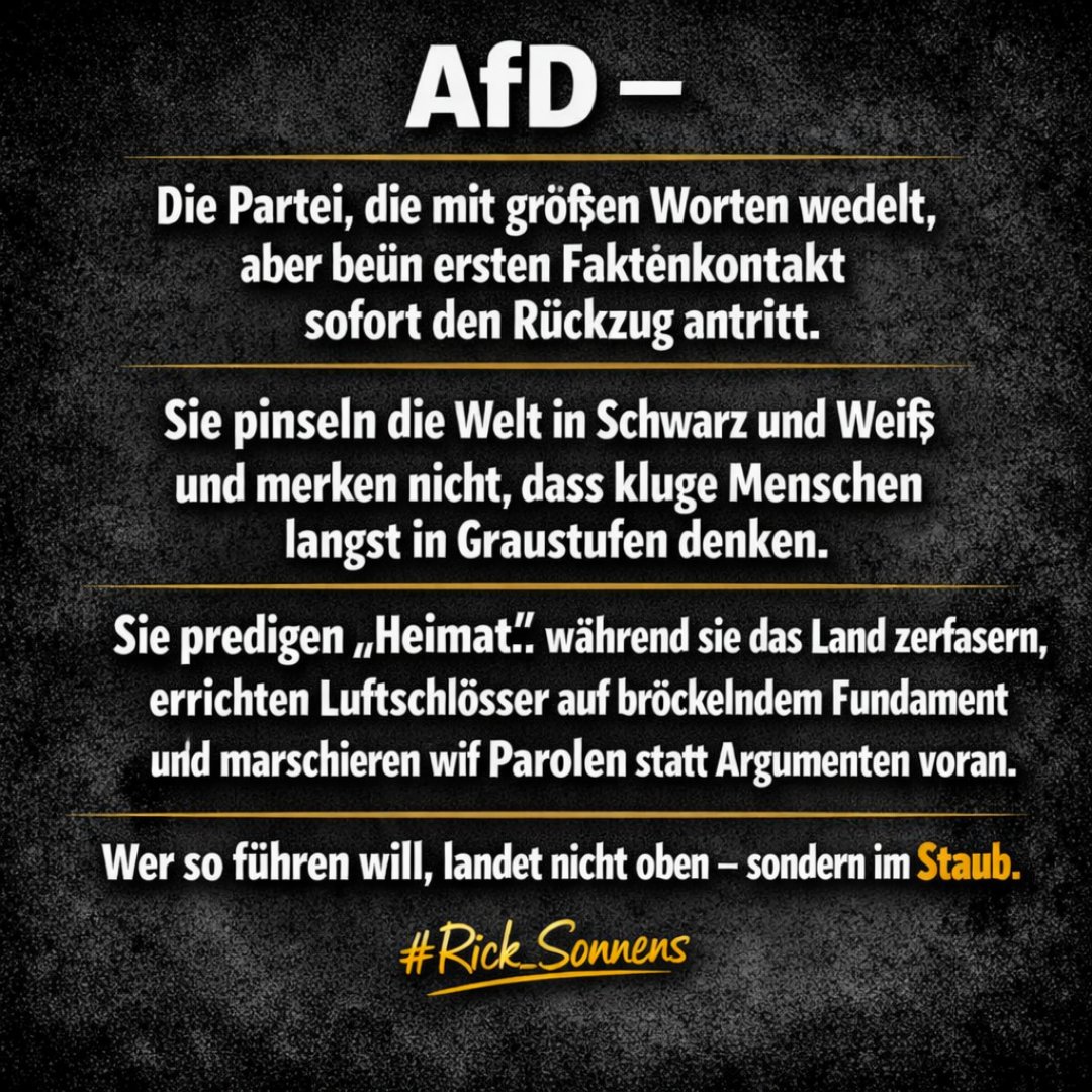 rick_sonnens's tweet photo. No Comment
#Demokratie
#Populismus #noafd #fckafd #NazisRaus #AfDmachtDumm #wirsindmehr #Wirsindbunt #afDnee #FCKNZS #fckafd #wirsindantifa #patridioten https://t.co/GehI5v13XY