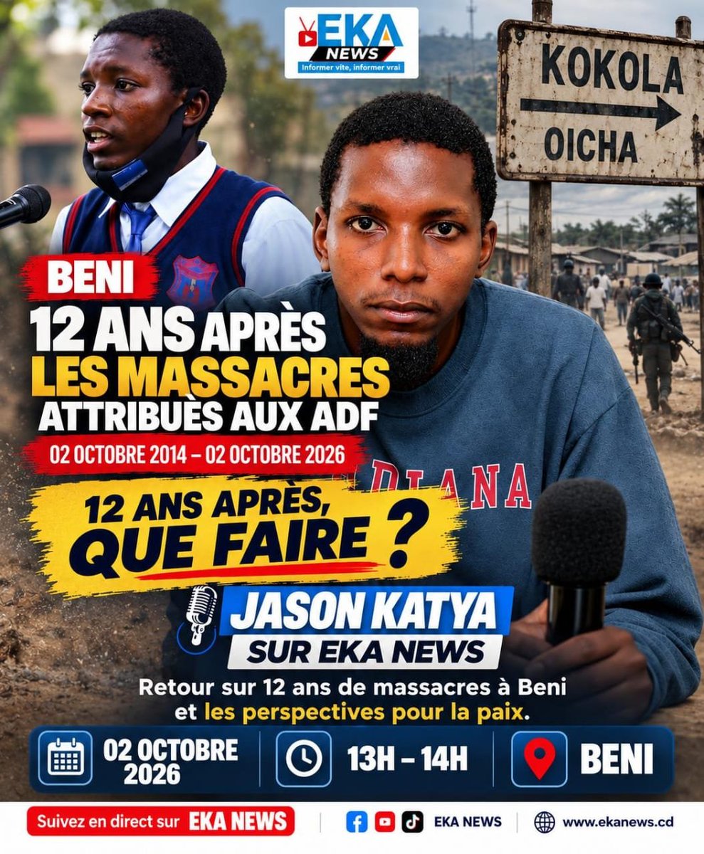 GeorgesKisando's tweet photo. Jason KATYA SUR EKA NEWS

À l’occasion de la commémoration, ce 2 octobre, du massacre de Kokola, considéré comme l’un des événements marquants du début des massacres dans le Grand Nord de la RDC, Jason Katya sera reçu sur le plateau de EKA News.

Il reviendra sur le contexte de cette tragédie, sa portée historique et la mémoire des victimes, alors que la région continue de faire face aux violences.