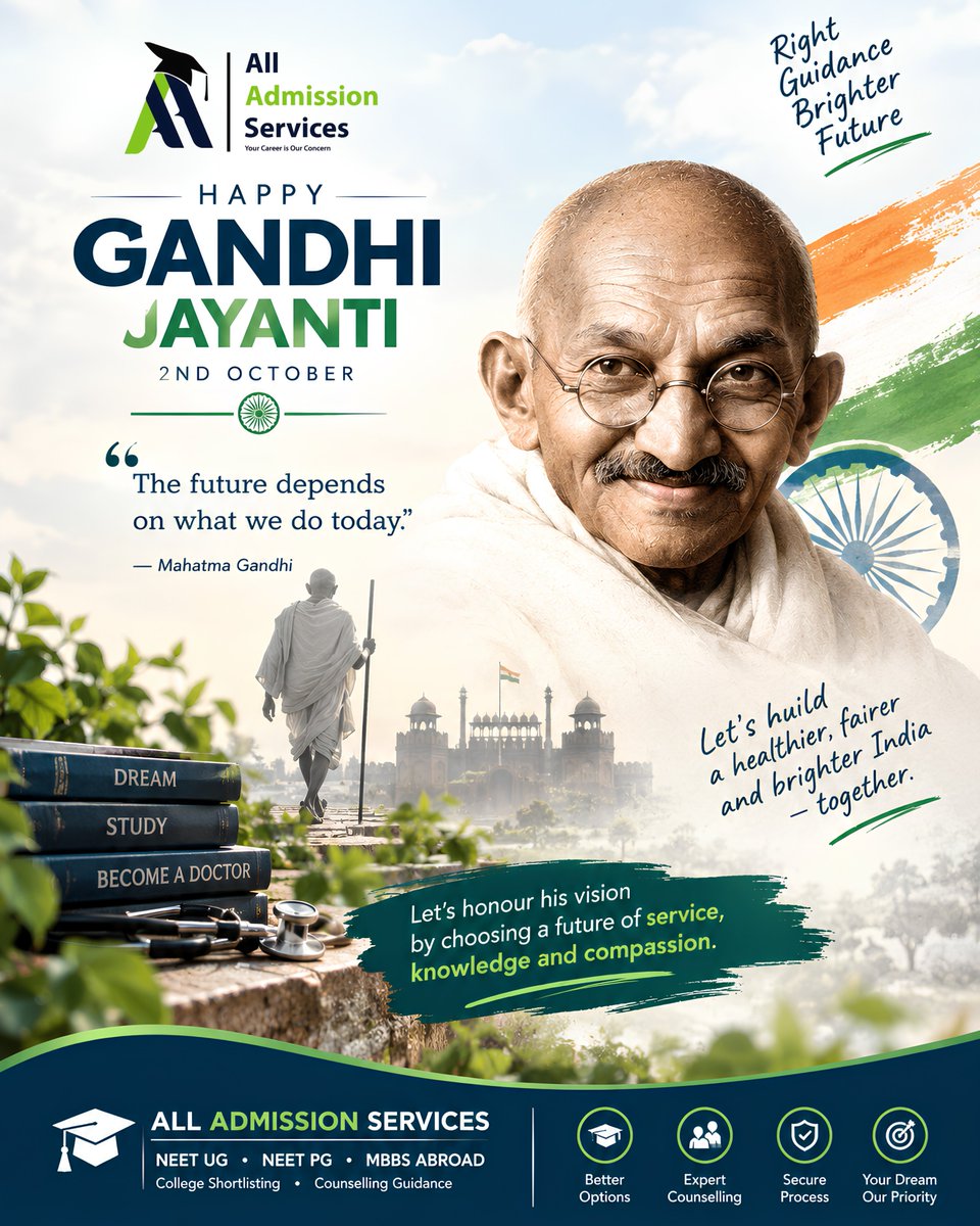 AdmissionAll's tweet photo. Remembering Mahatma Gandhi and his values of service, knowledge &amp; compassion. 🇮🇳
May the choices we make today help build a healthier, fairer, and brighter tomorrow.
Happy Gandhi Jayanti! 🌿
 All Admission Services
#GandhiJayanti #2ndOctober https://t.co/qy2wIrXjNm