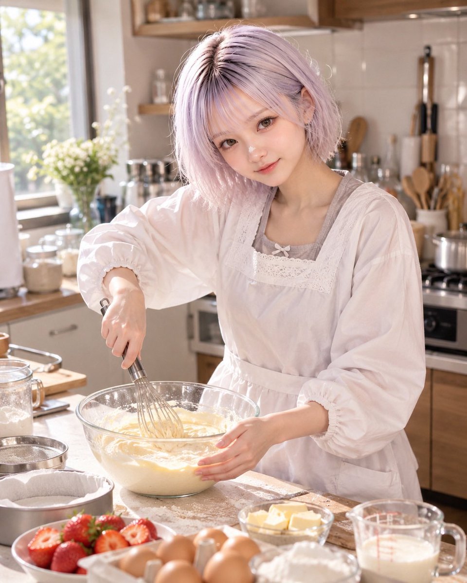 SHION_I_PROJECT's tweet photo. 本日の白百合、お菓子作り中🤍

順調そうに見えますが、
鼻にクリームついてます。

本人はまだ気づいてません🤭

さて、ちゃんとケーキは完成するのでしょうか…🍓🎂 https://t.co/GEzMYSpanR