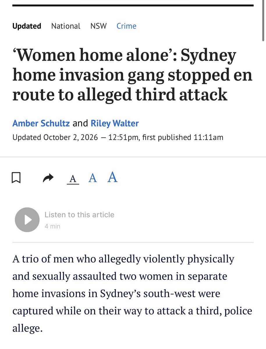 Lisa9Sophia's tweet photo. Sydney: A Middle Eastern Gang has allegedly broken in to women’s homes, duct taped their mouths, r*ped, choked, beaten and robed them, this week 

-Chawkat Ibrahim El Cheikh, 20, of Belmore
-Arman Nangyal, 19, of Punchbowl
-Adam Fakhouri, 18 of Greenacre were arrested 

Three men were arrested after allegedly violently physically and sexually assaulting two women in separate home invasions

They were captured while on their way to attack a third, police allege

But you haven’t seen this on the 6pm news, which is curious don’t you think?