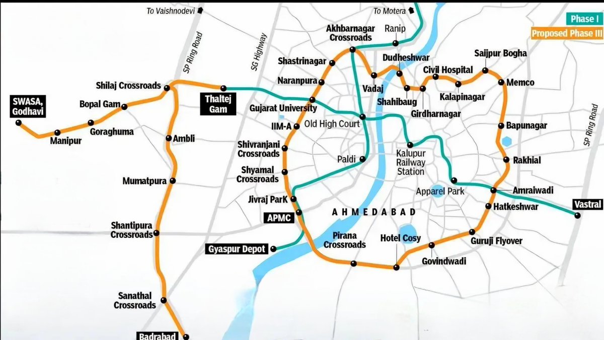 IndexofGujarat's tweet photo. Accurate map of Ahmedabad Metro phase-3

🔹58.5 km, 43 stations
🔹Total ~130 km of Metro network by Commonwealth 2030

Let's hope for 250 km by Olympics 2036 🤞 https://t.co/4p1wayEWRb