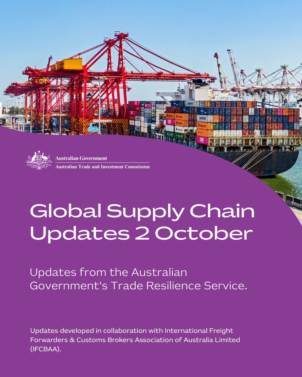 Austrade's tweet photo. Get intelligence, insights &amp; advice to help navigate increased supply chain volatility with Austrade’s Trade Resilience Service. 

https://t.co/yjcBX7h2Wd

Updates developed with IFCBAA. https://t.co/3fp1trI4A7