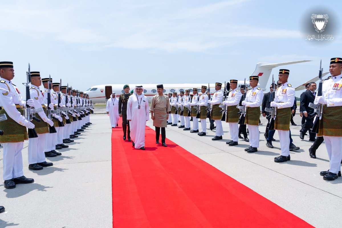BahrainCPnews's tweet photo. His Royal Highness the Crown Prince and Prime Minister, #Salman_bin_Hamad Al Khalifa, arrives in #Malaysia to attend the 2026 Formula 1 Gulf Air #Bahrain Grand Prix @f1 hosted by Malaysia. Upon arrival His Royal Highness was received by HH Tunku Idris Iskandar Al-Haj Ibni Sultan Ibrahim, Tunku Temenggong of Johor; HH Tunku Abdul Rahman Al-Haj Ibni Sultan Ibrahim, Tunku Panglima of Johor; and HH Tunku Abu Bakar Al-Haj Ibni Sultan Ibrahim, Tunku Putera of Johor #F1 #BahrainGP
