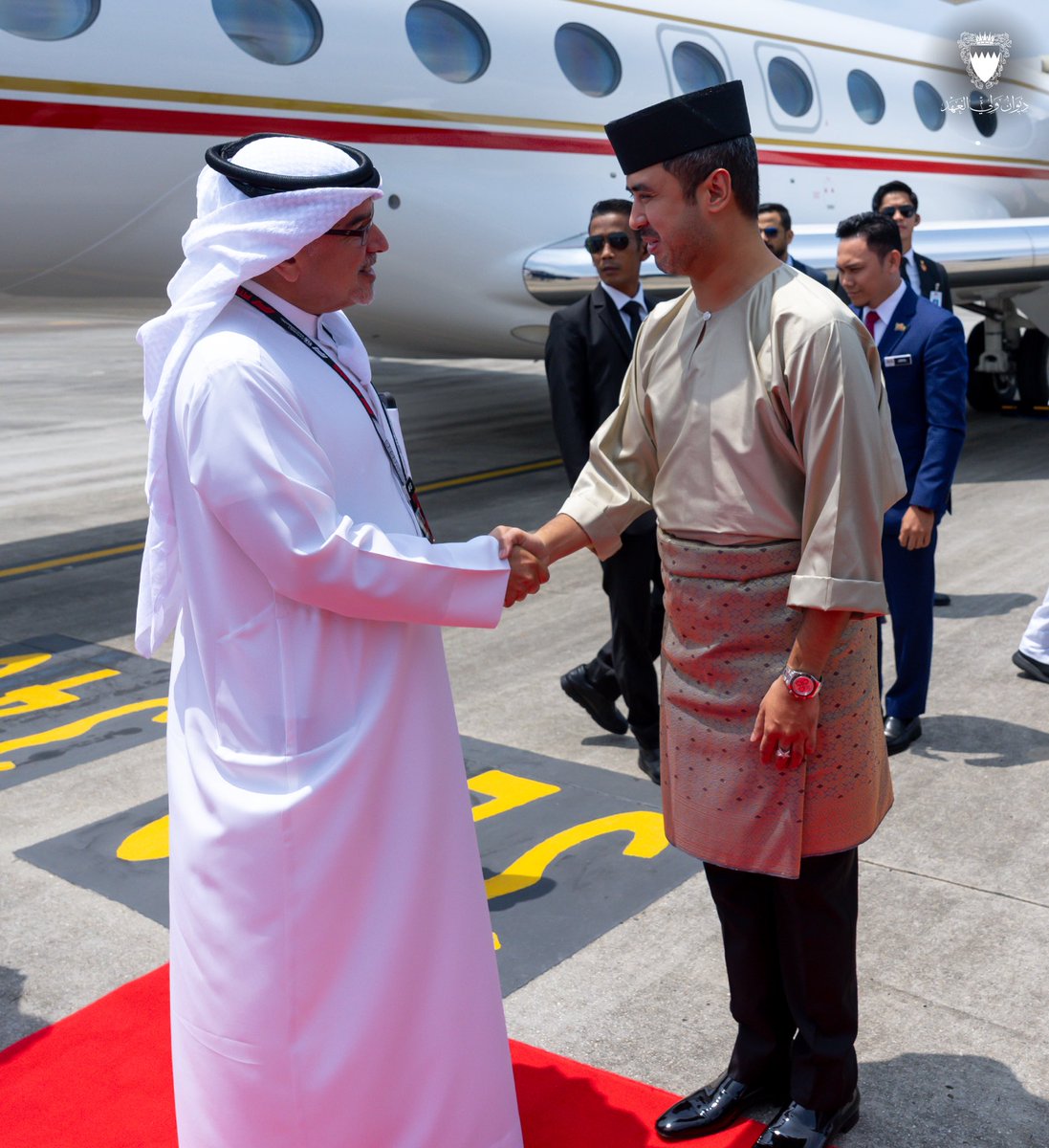 BahrainCPnews's tweet photo. His Royal Highness the Crown Prince and Prime Minister, #Salman_bin_Hamad Al Khalifa, arrives in #Malaysia to attend the 2026 Formula 1 Gulf Air #Bahrain Grand Prix @f1 hosted by Malaysia. Upon arrival His Royal Highness was received by HH Tunku Idris Iskandar Al-Haj Ibni Sultan Ibrahim, Tunku Temenggong of Johor; HH Tunku Abdul Rahman Al-Haj Ibni Sultan Ibrahim, Tunku Panglima of Johor; and HH Tunku Abu Bakar Al-Haj Ibni Sultan Ibrahim, Tunku Putera of Johor #F1 #BahrainGP