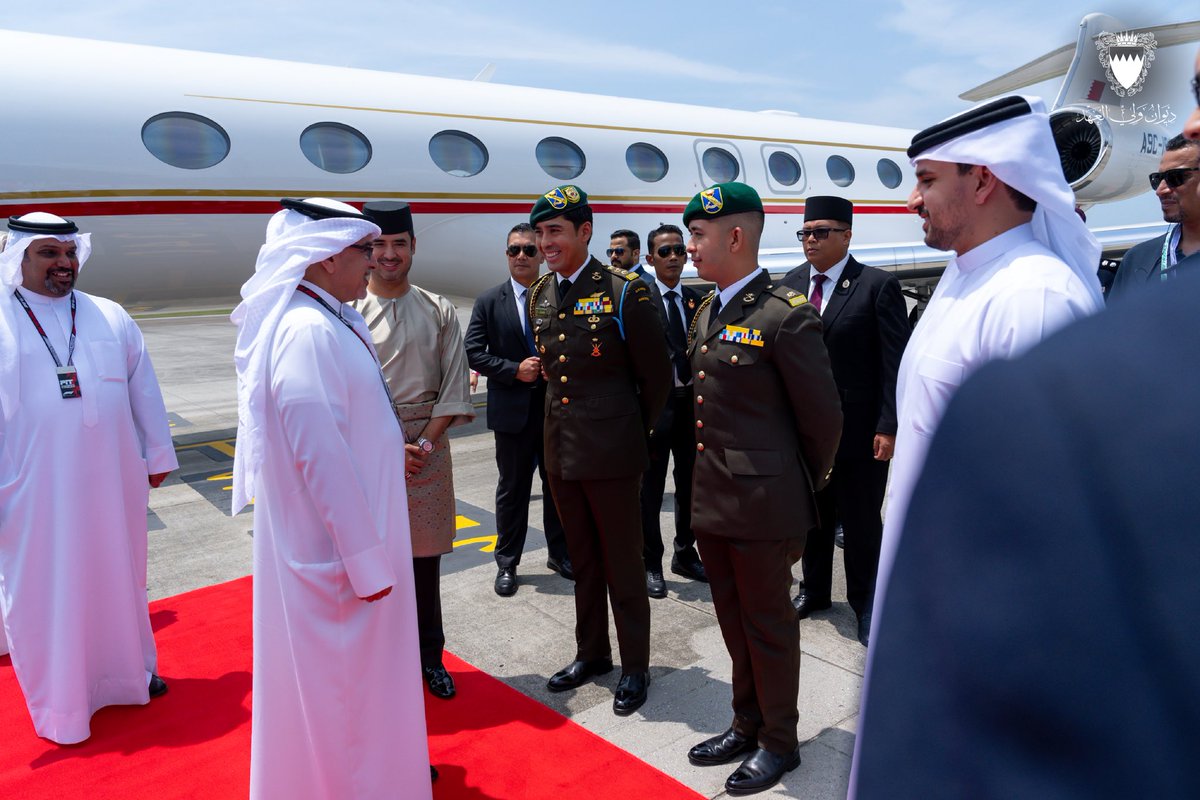 BahrainCPnews's tweet photo. His Royal Highness the Crown Prince and Prime Minister, #Salman_bin_Hamad Al Khalifa, arrives in #Malaysia to attend the 2026 Formula 1 Gulf Air #Bahrain Grand Prix @f1 hosted by Malaysia. Upon arrival His Royal Highness was received by HH Tunku Idris Iskandar Al-Haj Ibni Sultan Ibrahim, Tunku Temenggong of Johor; HH Tunku Abdul Rahman Al-Haj Ibni Sultan Ibrahim, Tunku Panglima of Johor; and HH Tunku Abu Bakar Al-Haj Ibni Sultan Ibrahim, Tunku Putera of Johor #F1 #BahrainGP