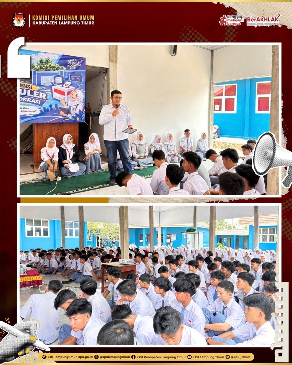 kpu_timur's tweet photo. #TemanPemilih,
KPU Kabupaten Lampung Timur terus memperkuat pendidikan demokrasi bagi generasi muda melalui kegiatan sosialisasi dan pendidikan pemilih, khususnya bagi pemilih pemula,Senin (1/10). https://t.co/F7H0RoGy9O