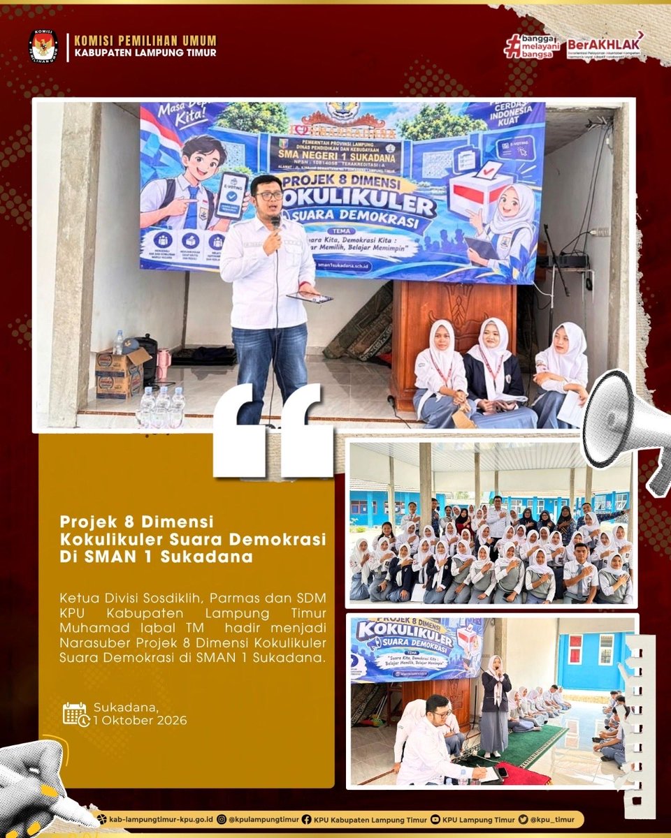 kpu_timur's tweet photo. #TemanPemilih,
KPU Kabupaten Lampung Timur terus memperkuat pendidikan demokrasi bagi generasi muda melalui kegiatan sosialisasi dan pendidikan pemilih, khususnya bagi pemilih pemula,Senin (1/10). https://t.co/F7H0RoGy9O