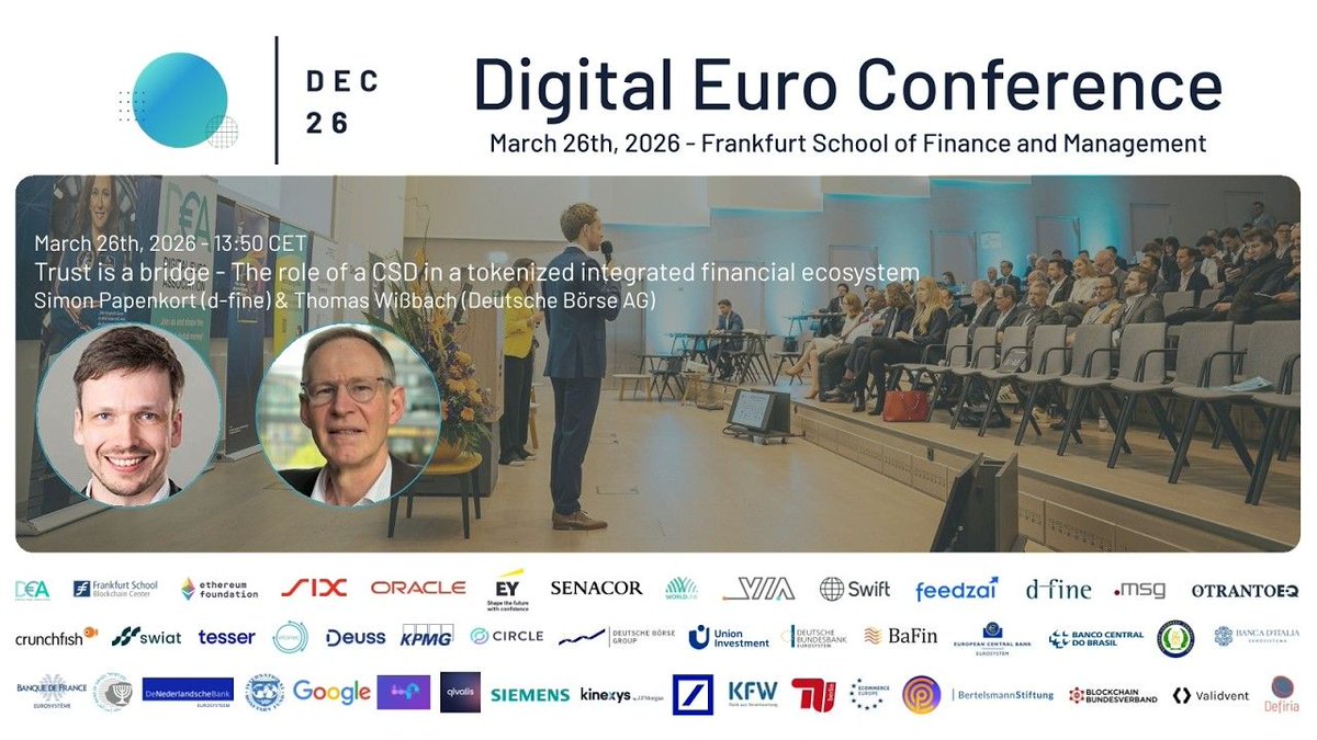 DigiEuro's tweet photo. 🔗 If tokenized finance runs across multiple networks, who connects them?
At #DEC26, d-fine &amp; Deutsche Börse explored how CSDs can bridge #DLT networks, legacy systems, tokenized assets &amp; digital money.
🎥 Watch the session: https://t.co/BHWikbZkXu 
#Tokenization #CapitalMarkets https://t.co/33Zv6mbH9T
