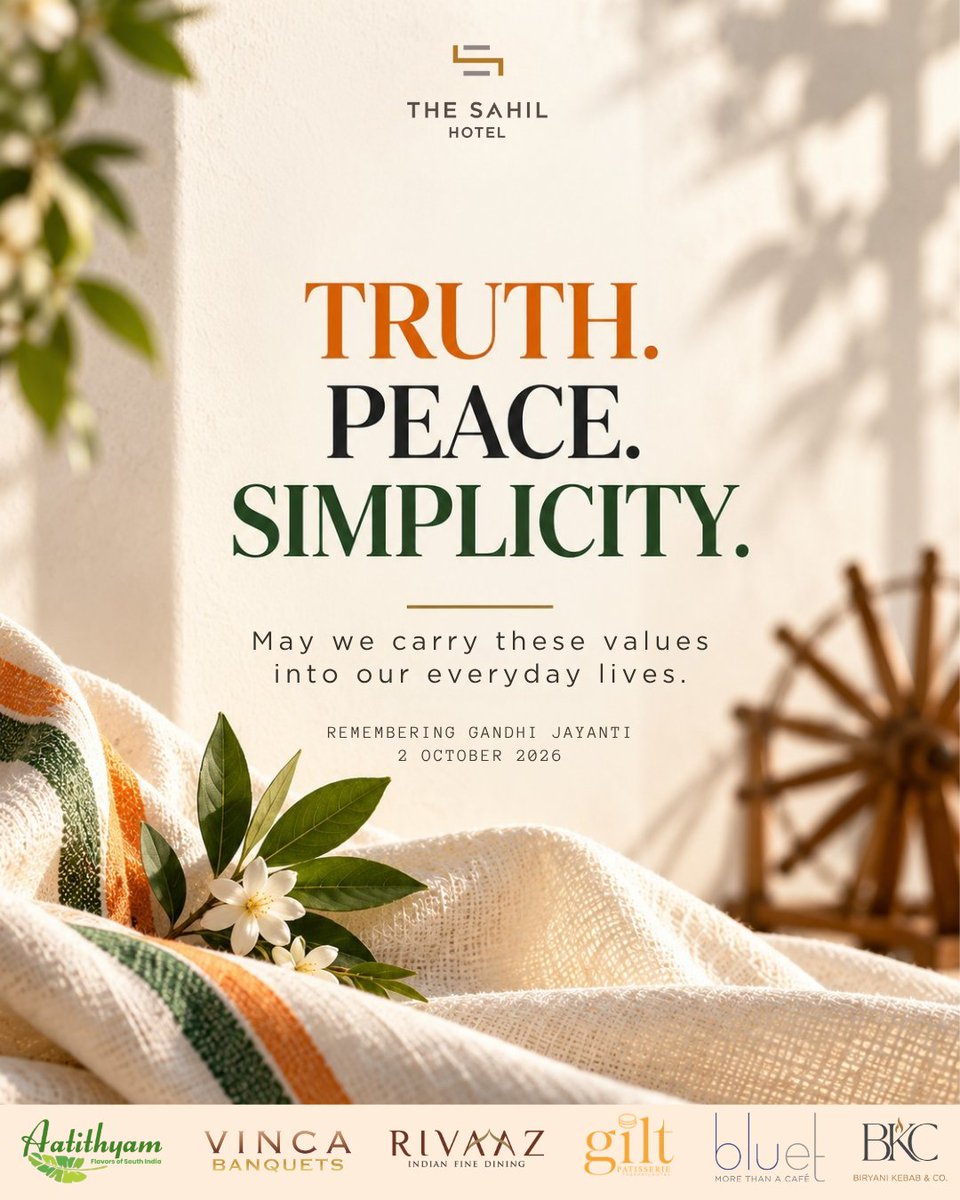 TheSahilHotel's tweet photo. Truth. Peace. Simplicity. 🕊️

On Gandhi Jayanti, may we carry these values into our everyday lives.

Warm wishes from The Sahil Hotel, Mumbai Central. 🇮🇳

#GandhiJayanti https://t.co/164ZhHbnMg