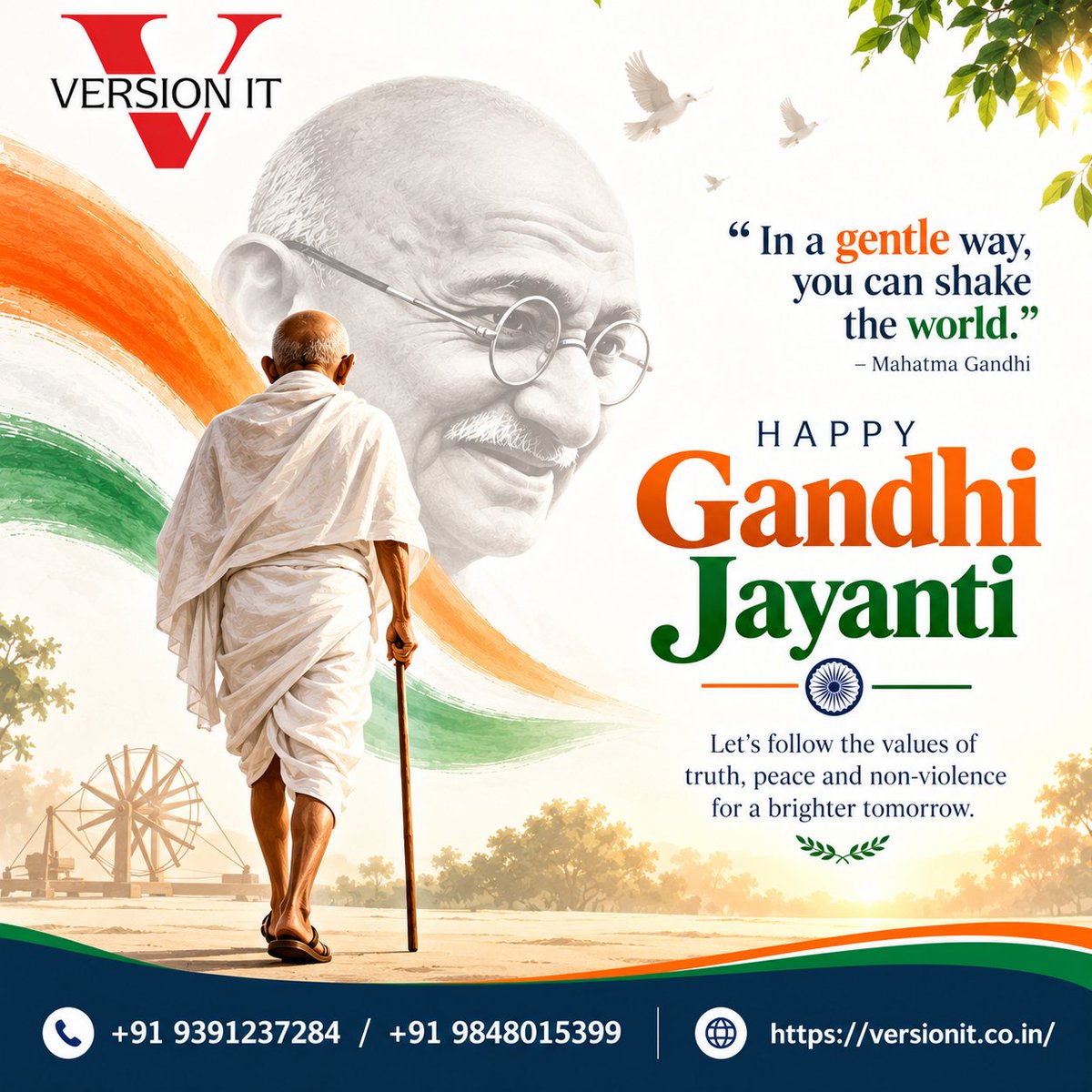 VersionitCloud's tweet photo. 🇮🇳 Happy Gandhi Jayanti! 🕊️
Let’s follow the values of truth, peace &amp; non-violence and inspire positive change for a brighter tomorrow. 🌿
#GandhiJayanti #MahatmaGandhi #VersionIT #GandhiJayanti2026 https://t.co/tPpKzqddmX