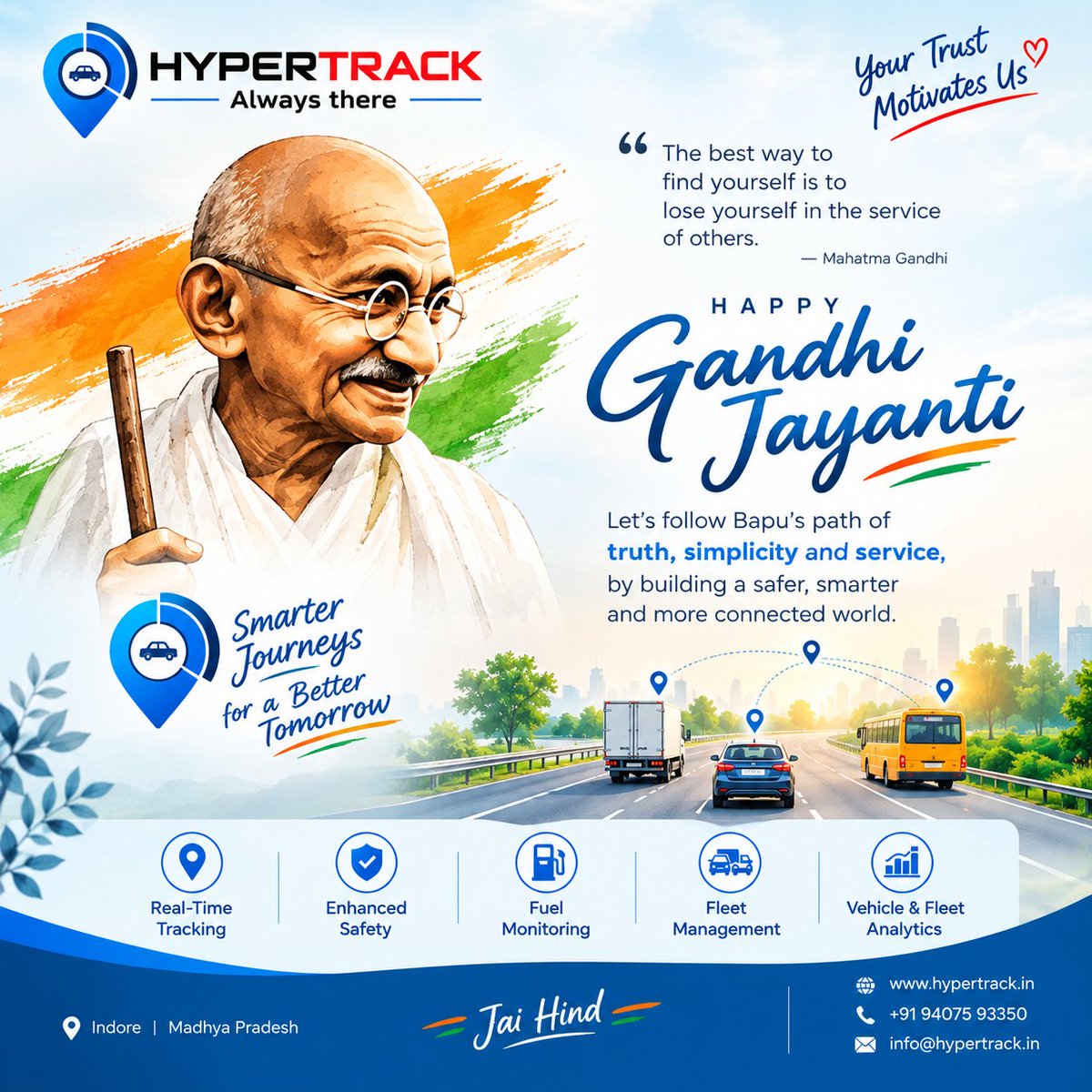 HyperTrackIndia's tweet photo. Great change begins with small actions. 🌿

On Gandhi Jayanti, let’s embrace truth, simplicity, responsibility and non-violence not just in words, but in the way we live and work every day.

🇮🇳 Remembering Mahatma Gandhi.

#GandhiJayanti #Ahimsa #MahatmaGandhi #India #HyperTrack https://t.co/PYztYFc5ow