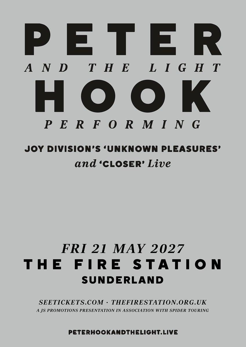 peterhook's tweet photo. We will be returning to Sunderland on Friday 21st May to perform both @joydivision albums - ‘Unknown Pleasures’ &amp; ‘Closer’ - live at @FireStationSun, alongside selected extra tracks.

Tickets will go on sale from this Monday at 10am via @seetickets. 

https://t.co/g5WMx4Brei https://t.co/nFTCyF52n4