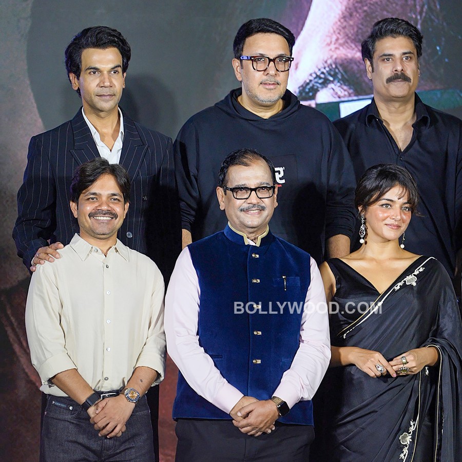 Bollywoodhq's tweet photo. Actors Rajkummar Rao,  Wamiqa Gabbi, and cast and crew members at the trailer launch of Prahaar: The Untold Story of Ujjwal Nikam in Mumbai. https://t.co/wuNhcrBAhe