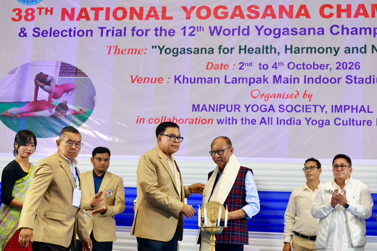 YKhemchandSingh's tweet photo. Honoured to attend the 38th National Yogasana Championship 2026 and the Selection Trial for the 12th World Yogasana Championship 2027, to be held in Thailand, today at the Khuman Lampak Main Indoor Stadium.

The prestigious championship was organised by the Manipur Yoga Society in collaboration with the All India Yoga Federation under the theme "Yogasana for Health, Harmony and National Unity." The championship will be held from 2nd to 4th October, 2026.

The event was also attended by Hon'ble Minister (Home), Shri Govindas Konthoujam and Hon'ble MLA of Wangkhei Assembly Constituency, Shri Th. Arunkumar Singh, along with other dignitaries.

I extend my best wishes to all the participants and commend the organizers for promoting yoga as a way of life for health and well-being.