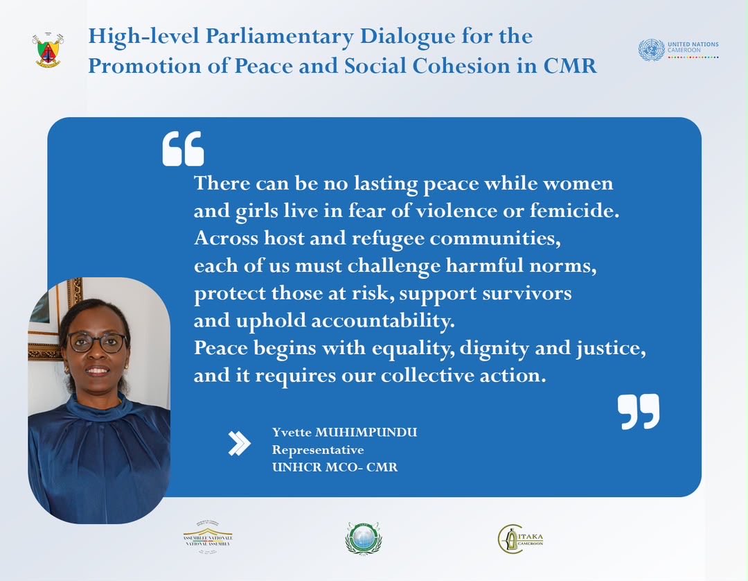 UN_Cameroon's tweet photo. “Challenging harmful norms across refugee communities, protecting those at risk and supporting survivors contributes to #lastingpeace.” @RefugeesCmr Representative, @MuhimpunduYve joins her voice to the peace advocacy campaign in #CMR. 
#PeaceDay26
#InvestInPeace. https://t.co/Iokoxq4kmE