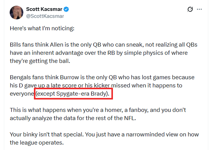 BOT23749's tweet photo. Are we just rewriting history now?

Brady’s Patriots led 34–31 in the 2006 AFC Championship before his defense allowed an 80-yard touchdown drive, surrendering the lead with 1:00 left after forcing the Patriots down to 1 timeout.

Imagine Manning’s team lost 38–34 on the road after his defense blows a late lead, and Brady goes on to win his first ring. 

Scott would never let anyone forget it.