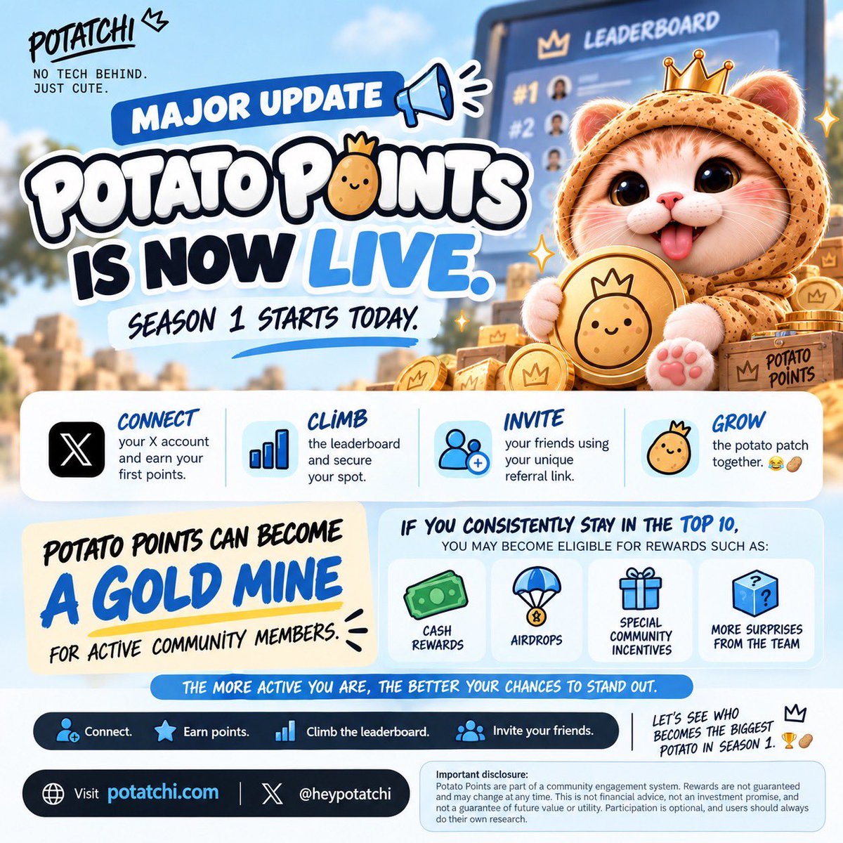 PotatchiUpdates's tweet photo. 🚨 MAJOR UPDATE: POTATO POINTS IS NOW LIVE! 🥔✨

Season 1 officially starts today. Connect your X account on https://t.co/6FB3OMe5PI, start earning points, climb the public leaderboard, and invite friends using your unique referral link. 🏆

Active community members who consistently make it into the Top 10 may become eligible for rewards like cash, airdrops, community incentives, and other surprises from the team. 👀

Connect → Earn → Climb → Invite

Let’s see who becomes the biggest potato of Season 1. 😂🥔

Rewards are not guaranteed and may change. Potato Points is a community engagement system and does not represent an investment promise or guaranteed future value.

@heypotatchi 💚🤝