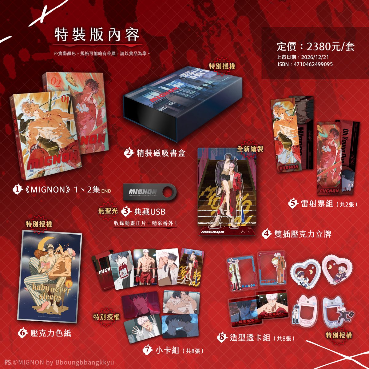 pinsin_books's tweet photo. 📣12月新書預告✨
🩸韓國人氣BL動畫、漫畫中文版🩸
《MIGNON》1+2🔞12/21完整無聖光❤️‍🩹強勢襲臺！

🥊作者Bboungbbangkkyu老師即將在臺灣舉辦首次簽名座談會✨
還有其他一系列豐富的特別活動，即將公開！

單純熱血拳擊手╳禁慾吸血鬼醫生

💥「不管我在擂臺上是輸是贏，都能滋養醫生的血與肉──」
💥本該短暫而剎那的緣分，卻成為此生最炙熱而永恆的愛意！❤️‍🩹

🥊隨書附贈：精美小卡x1(一集一張)
🥊平裝版套書不拆賣，且不包含動畫典藏USB

▍動畫特裝版內容
　➊《MIGNON》第1+2集套書🔞
　➋ 精裝磁吸書盒✨特別授權✨
　➌ 典藏USB🔞✨收錄動畫正片+精彩番外✨
　 (字幕可自由切換中/韓/英/日，完整韓語版無聖光)
　➍ 雙插壓克力立牌✨全新繪製✨
　➎ 雷射票組(共2張)
　➏ 小卡組(共8張)✨特別授權✨
　➐ 造型透卡組(共8張)✨特別授權✨
　➑ 壓克力色紙✨特別授權✨

💥動畫特裝版、平裝版套書12/21同步上市

#MIGNON #민용 #Bboungbbangkkyu #蔡宛育
(1/3)
