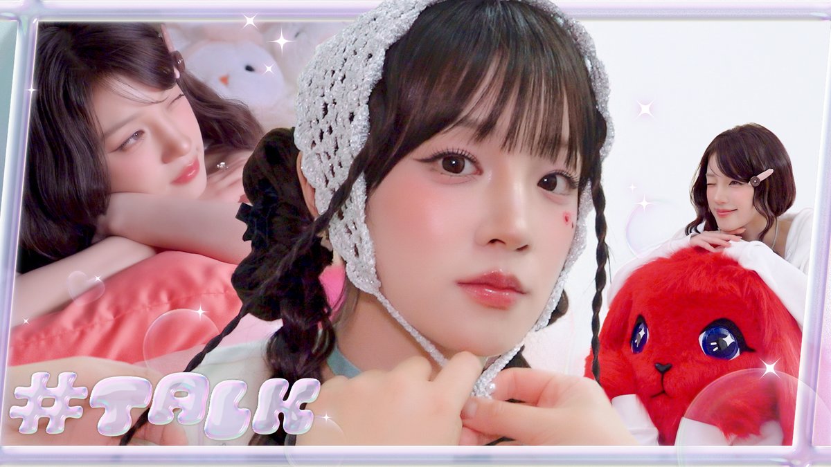 The image features three young women in a stylized, sparkly aesthetic typical of K-pop promotional content: one in the center wearing a silver beaded bonnet with braided hair, another on the left resting on a pink pillow, and a third on the right with short hair next to a red plush toy. The text "#TALK" appears in bubbly pink letters at the bottom, matching the "#HASHTALK" branding referenced in the post for this episode of (G)I-DLE's show.