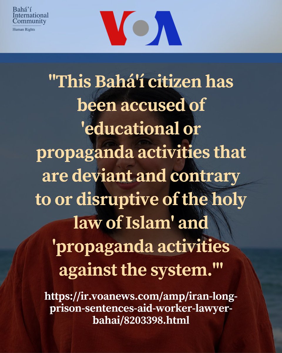 BahaiBIC_Rights's tweet photo. @VOANews reports that Romina Goli, a Baha'i citizen living in Sari, has been sentenced to more than 5 years and 7 months in prison and 10 years of social exclusion. According to Hengaw, she was accused of "educational or propaganda activities that are deviant and contrary to or disruptive of the holy law of Islam" and "propaganda activities against the system." Goli was arrested by government forces in Sari on 10 May 2026. Hengaw states that the systematic repression of Baha'i citizens, the issuance of heavy prison sentences and social deprivations based on religion and personal beliefs are a clear example of ideological discrimination and a violation of Article 18 of the International Covenant on Civil and Political Rights.

https://t.co/a9nSsMEHtB

#BahaiRights #Iran #HumanRights