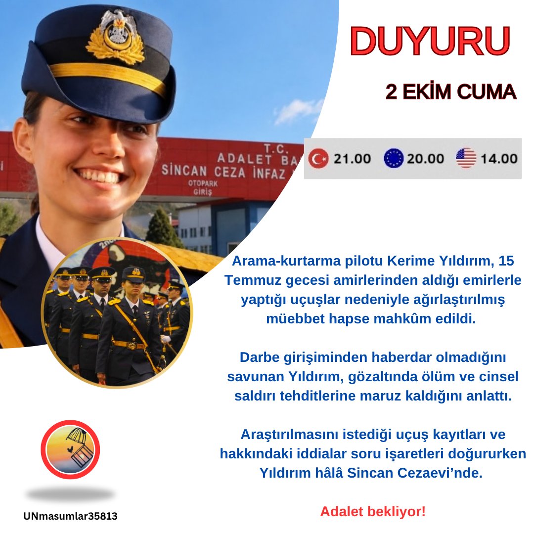UNmasumlar35813's tweet photo. 📢ETİKET DUYURUSU 📢

🗓️: 02.10.2026 | Bugün

🇹🇷:  21:00
🇪🇺:  20:00
🇺🇸:  14:00 

Bir insanı suçlu ilan etmek için önyargılar değil, somut deliller konuşmalı; Kerime Yıldırım’ın adalet arayışı cevapsız bırakılmamalı!
Kerime Yıldırım adalet bekliyor. Sesini hep birlikte duyuralım. https://t.co/R0OQhQ7PHl