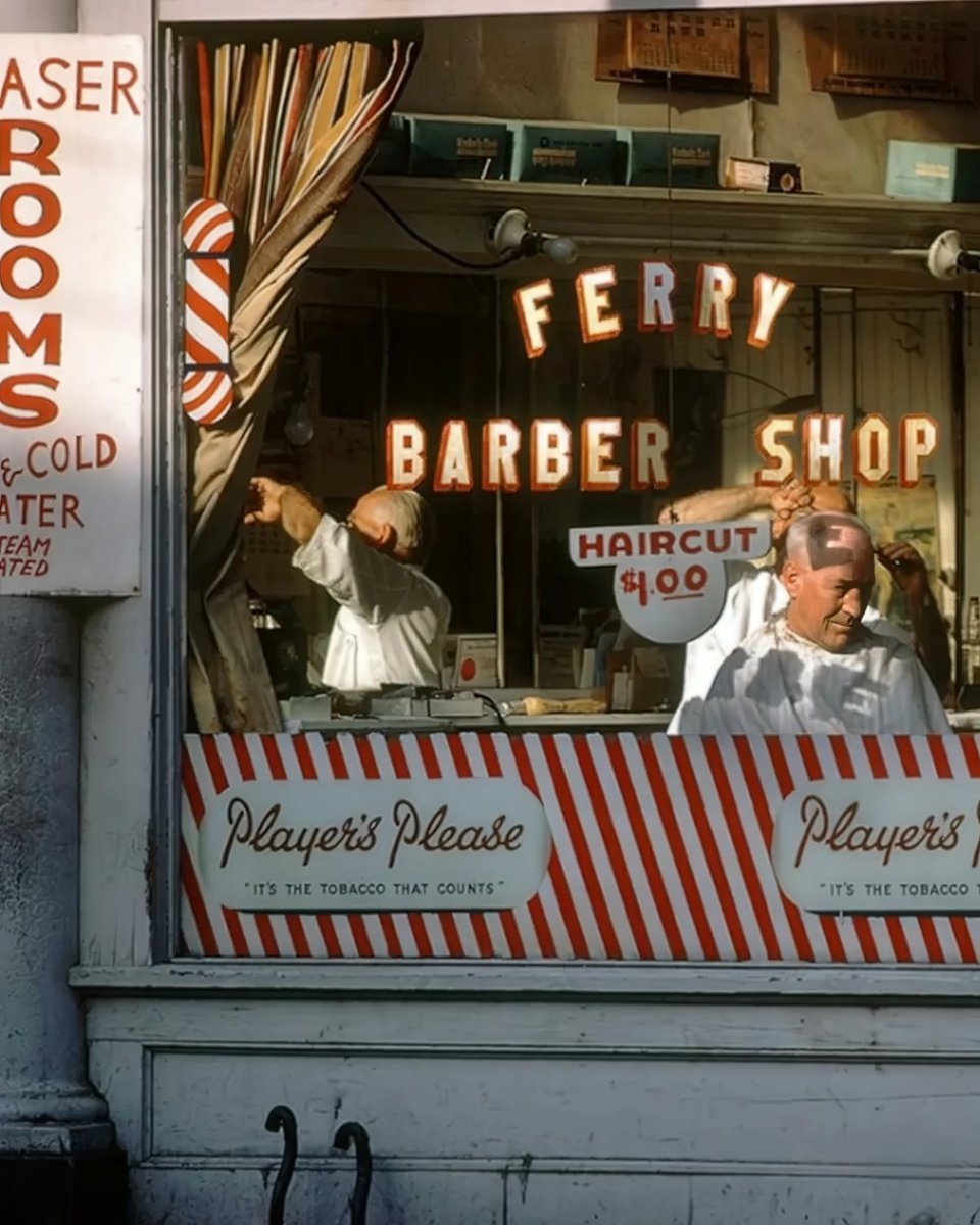 sylvie_longeron's tweet photo. Fred Herzog 
Ferry Barber Shop, Vancouver, 1959 https://t.co/Y3XMDDiXCL