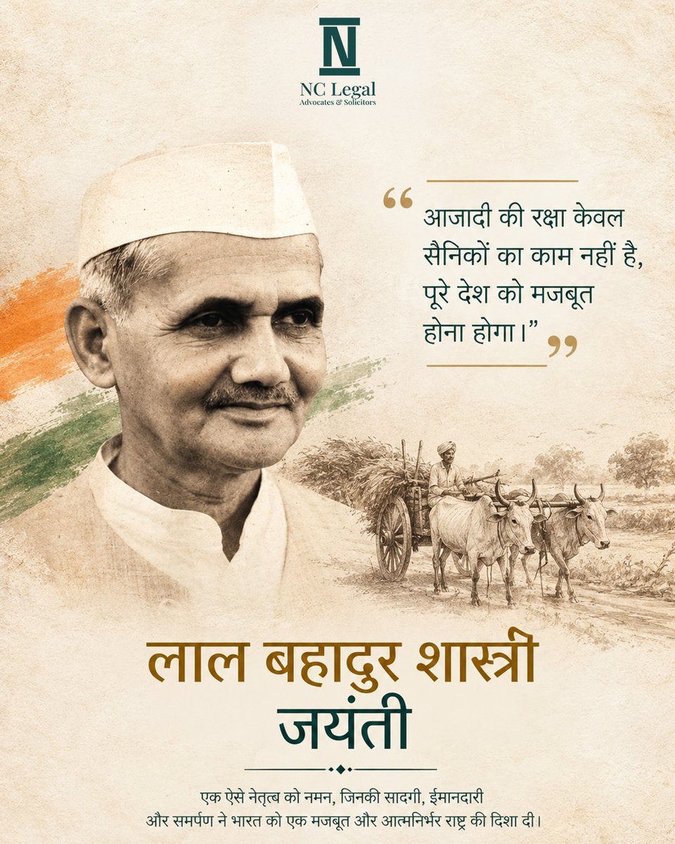 NCLegal_'s tweet photo. Remembering Lal Bahadur Shastri Ji on his birth anniversary. 🇮🇳

A leader of simplicity, integrity and unwavering dedication, Lal Bahadur Shastri Ji’s life continues to remind us that true leadership lies in humility, responsibility and service to the nation. https://t.co/p0e3CohvJo