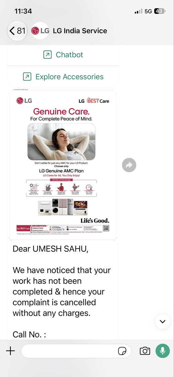 16Umesh1's tweet photo. Since 1st September, I have been continuously raising complaints with @LGUS and @LGIndia regarding my washing machine. However, the brand has failed to take my issue seriously and has repeatedly cancelled my service requests without providing a proper resolution.

I have been patiently waiting and even uploaded a video hoping that LG would finally take the matter seriously and address my complaint. Unfortunately, despite my repeated efforts, no satisfactory action has been taken so far.

I request LG to look into this matter urgently and provide a proper resolution instead of repeatedly cancelling my complaints. 
Here is the chat i had with Lg  form the 1 september to 1 october