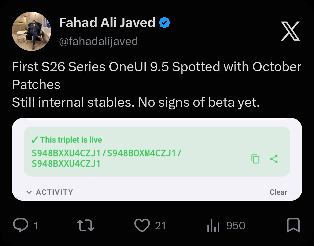FrankOneDigital's tweet photo. One Ui 9 is still landing, and more 9.5 internals have already stepped on the internal servers 👀

S26 Ultra OXM is CZJ1, up from CZIF. October build, not a beta.

S948BXXU4CZJ1 / S948BOXM4CZJ1 / S948BXXU4CZJ1

Fold 8 and Fold 8 Ultra US cards are BZJ1.

What did 9.0 not ship that you actually want in 9.5?

Credits to @fahadalijaved