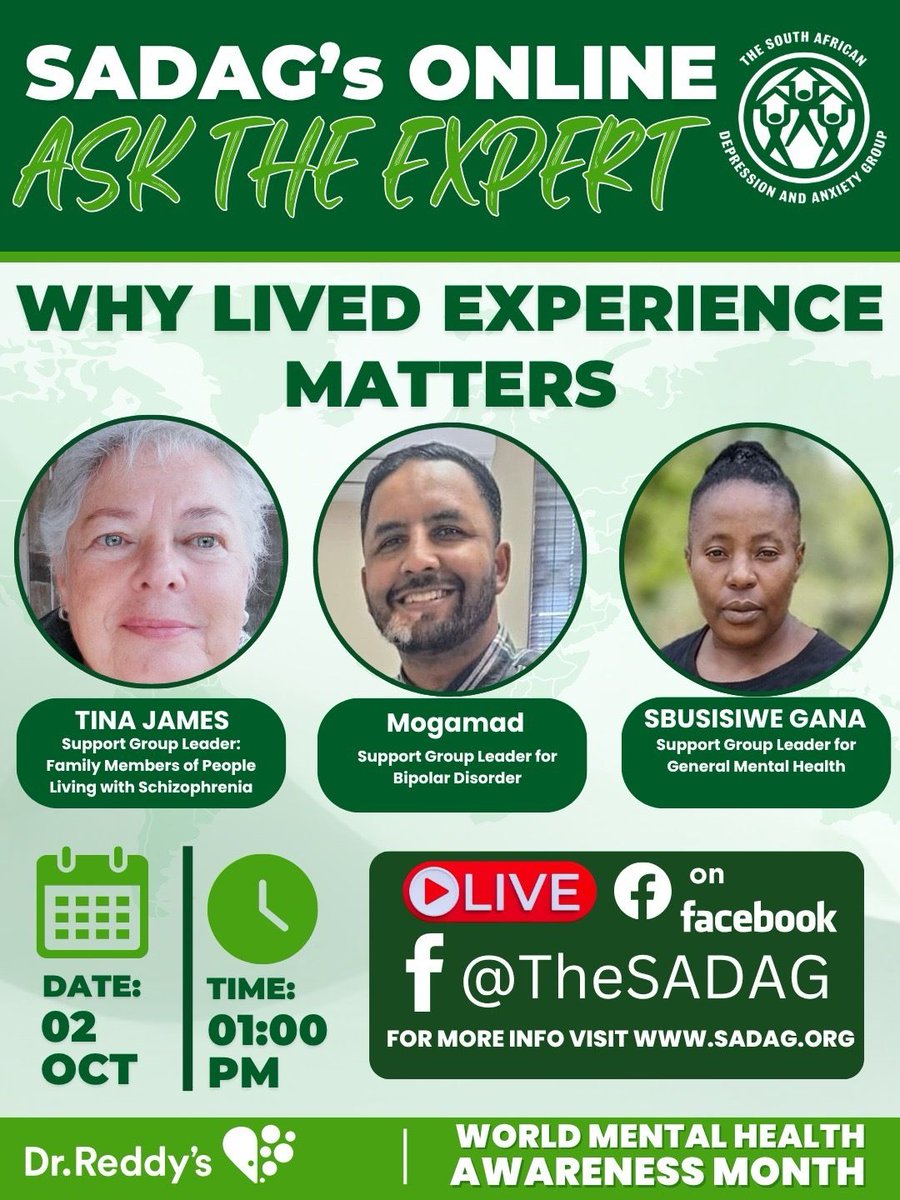 TheSADAG's tweet photo. REMINDER!
Join us today at 1 PM for SADAG’s Online Ask the Expert as we unpack “Why Lived Experience Matters.”
Hear from Tina James and Moegamad as they share their lived experiences and the value of having real voices at the heart of Mental Health conversations. 💚 https://t.co/5US4U2L5Dc