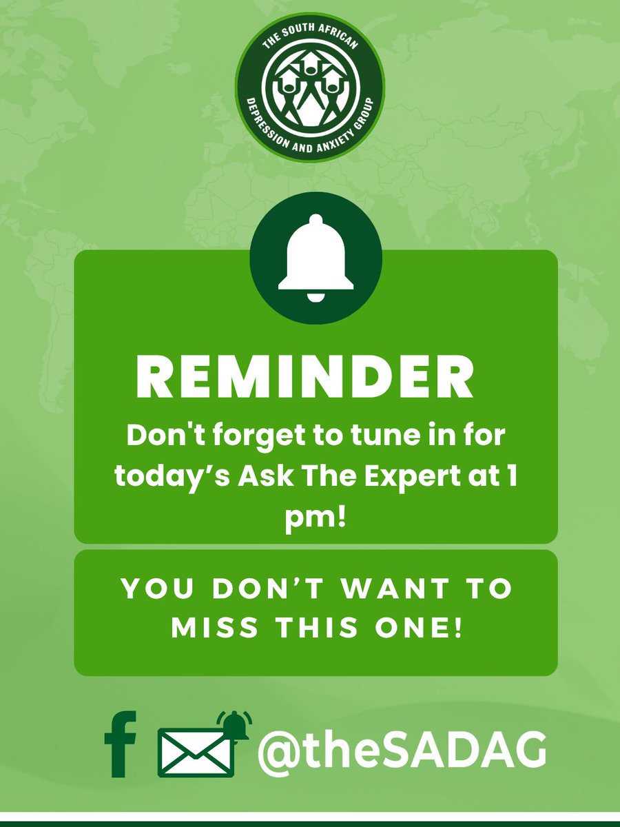 TheSADAG's tweet photo. REMINDER!
Join us today at 1 PM for SADAG’s Online Ask the Expert as we unpack “Why Lived Experience Matters.”
Hear from Tina James and Moegamad as they share their lived experiences and the value of having real voices at the heart of Mental Health conversations. 💚 https://t.co/5US4U2L5Dc
