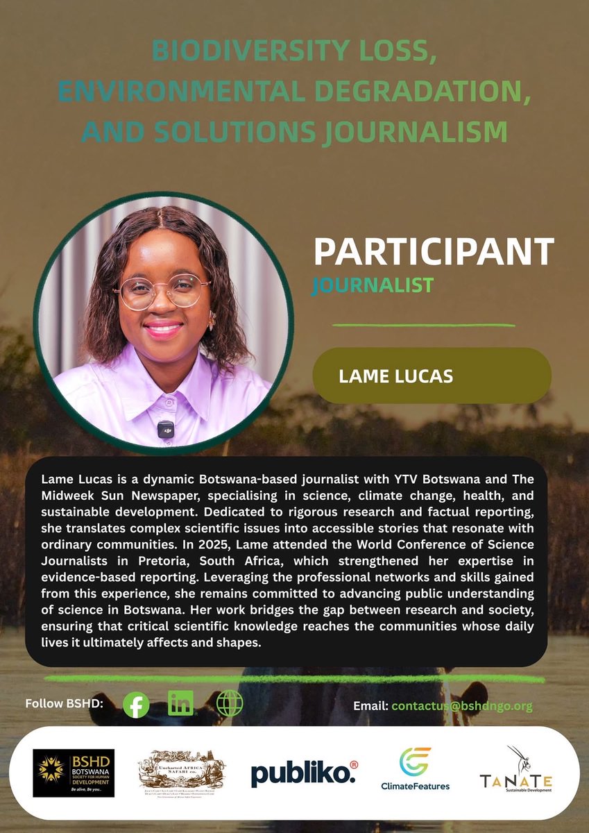 LameLucas340170's tweet photo. Meet Lame Lucas, Botswana journalist with YTV Botswana & The Midweek Sun, joining the ClimateFeatures cohort on biodiversity loss, environmental degradation & solutions journalism. ππ±
#ClimateFeatures #Botswana #SolutionsJournalism https://t.co/SRNYry3G55