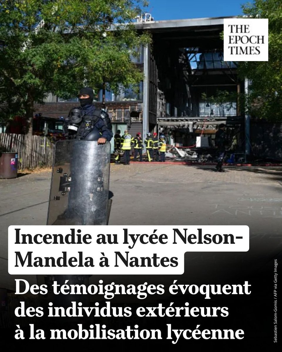 EpochTimesFR's tweet photo. Un incendie a lourdement endommagé le lycée Nelson-Mandela, sur l’île de Nantes, ce jeudi 1er octobre. Alors que des élèves étaient mobilisés, plusieurs témoignages mettent en cause des personnes extérieures au mouvement. Les réactions politiques ont rapidement suivi. 👉️ https://t.co/Qgzrme64QO
